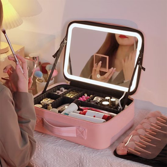 trousse maquillage rose mirroir led femme