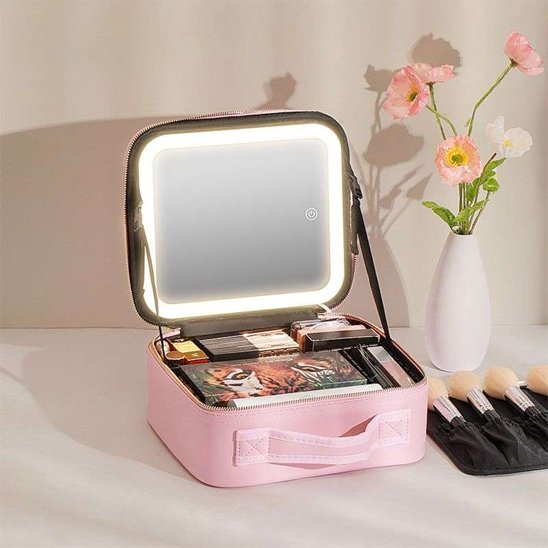 trousse maquillage rose mirroir led fleur